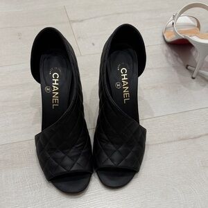 CHANEL Black Quilted Open-Toe Heels